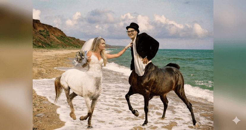 Kentauří novomanželé na pláži