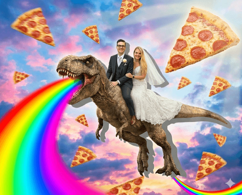 Novomanželé na T-Rexovi s duhou a pizzou