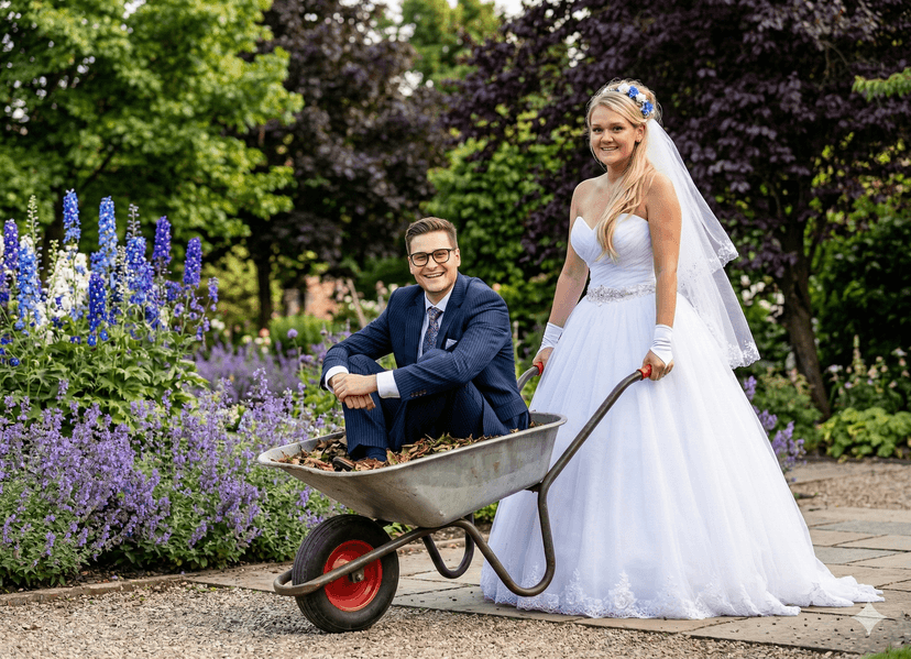 Ženich v kolečku, nevěsta veze